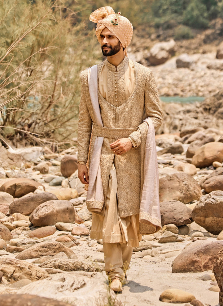 Beige Gold Raw Silk Angrakha Sherwani Set
