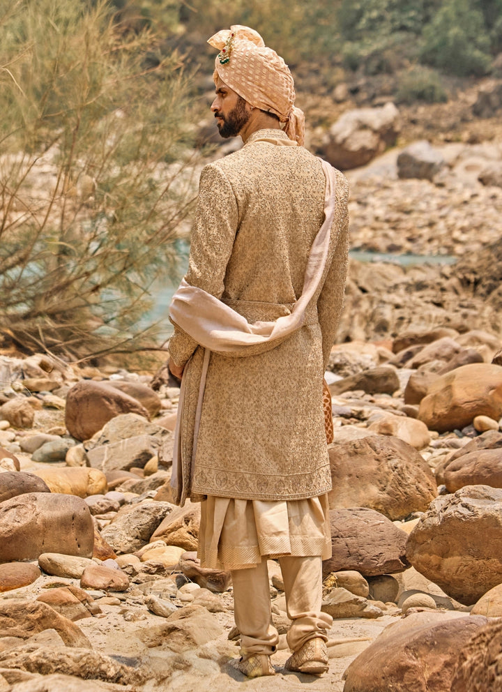 Beige Gold Raw Silk Angrakha Sherwani Set