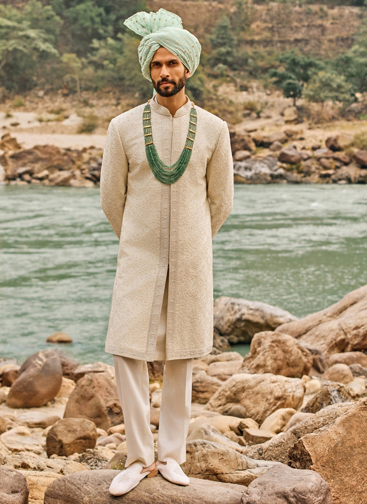 Ivory Jaal Raw Silk Sherwani Set