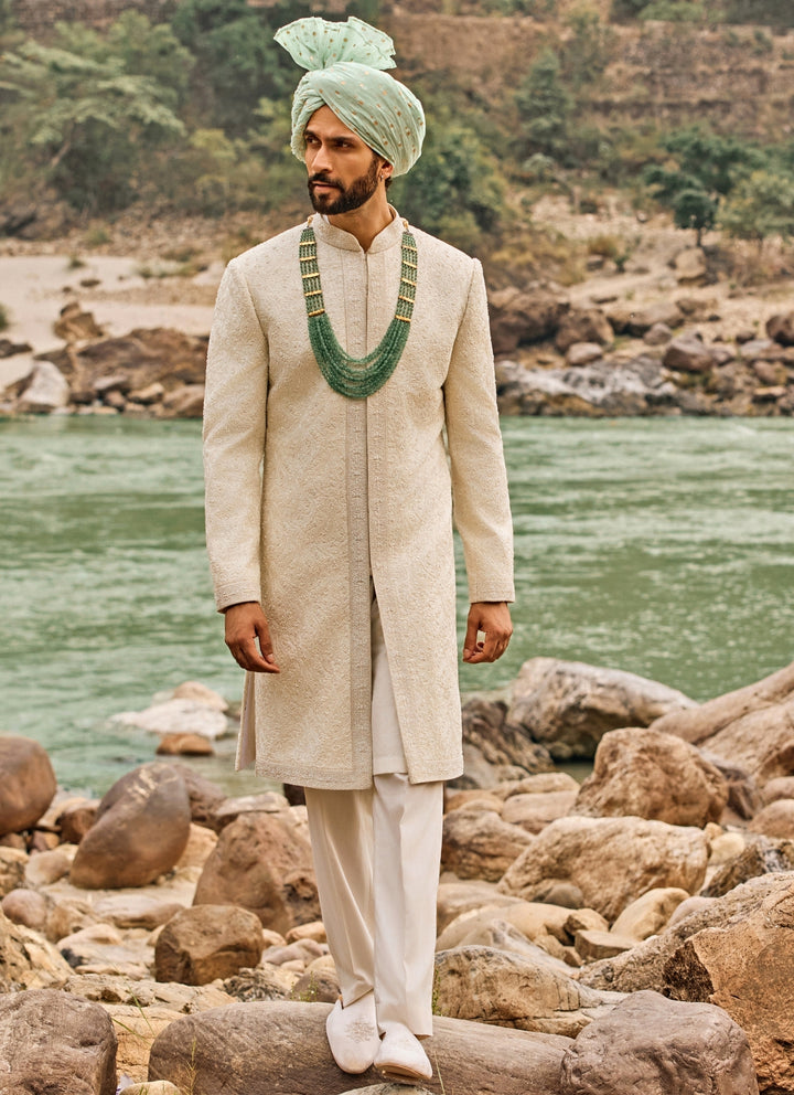 Ivory Jaal Raw Silk Sherwani Set