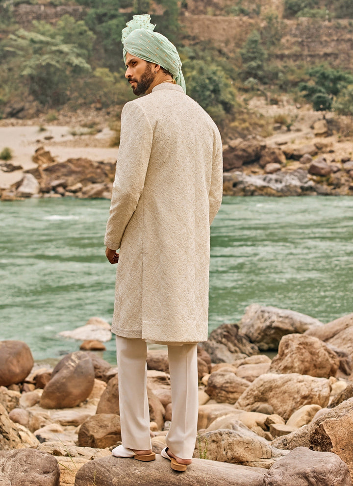 Ivory Jaal Raw Silk Sherwani Set