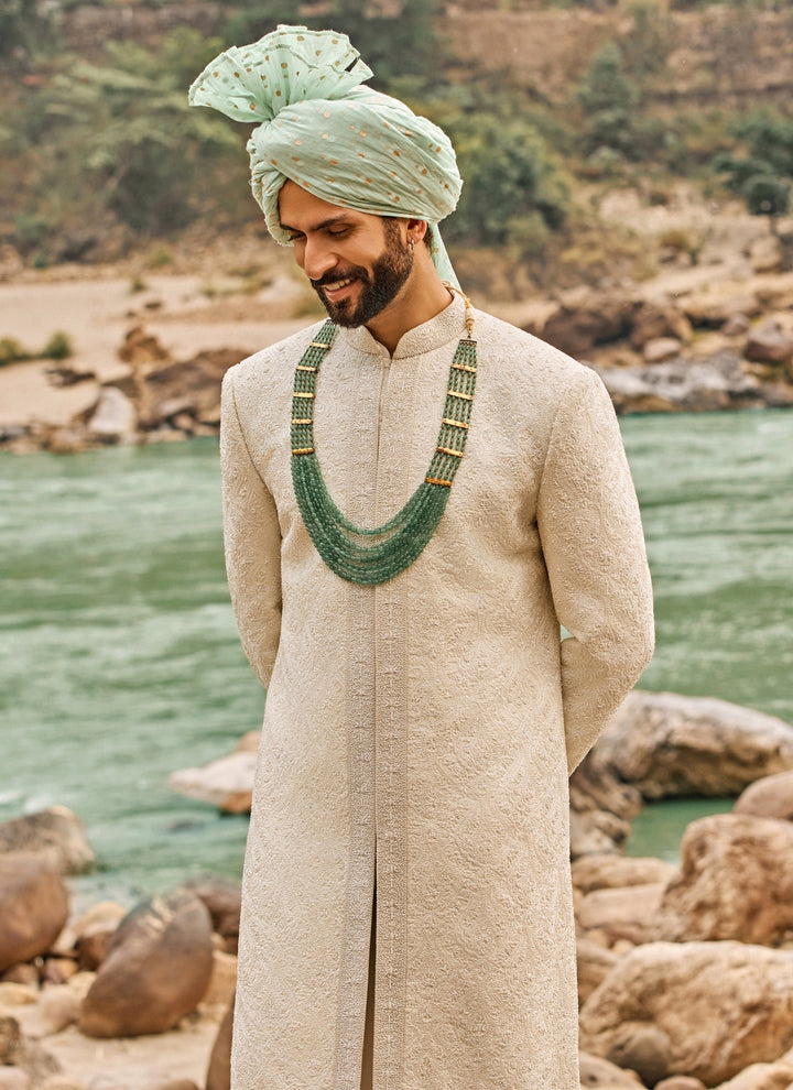 Ivory Jaal Raw Silk Sherwani Set