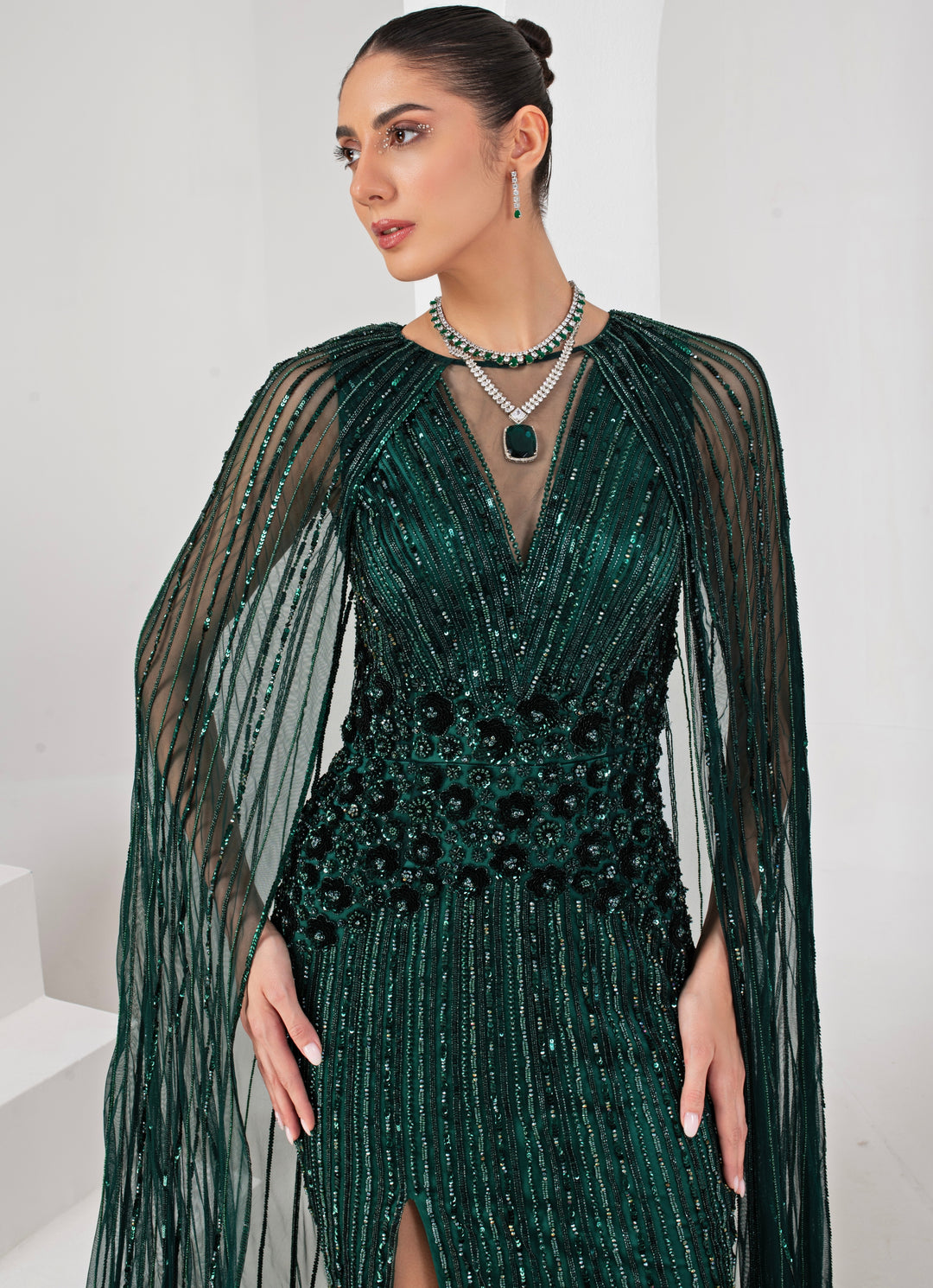 Midnight Green Embroidered Gown With Cape