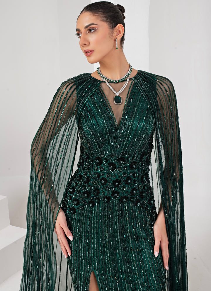Midnight Green Embroidered Gown With Cape