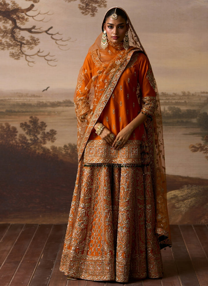 Rust Orange Raw Silk Kurta Sharara Set