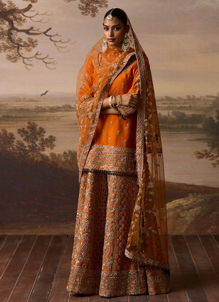 Rust Orange Raw Silk Kurta Sharara Set