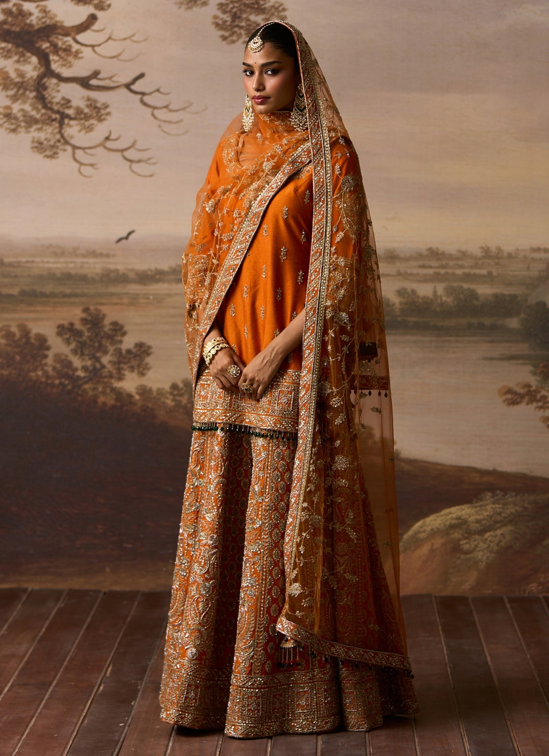 Rust Orange Raw Silk Kurta Sharara Set