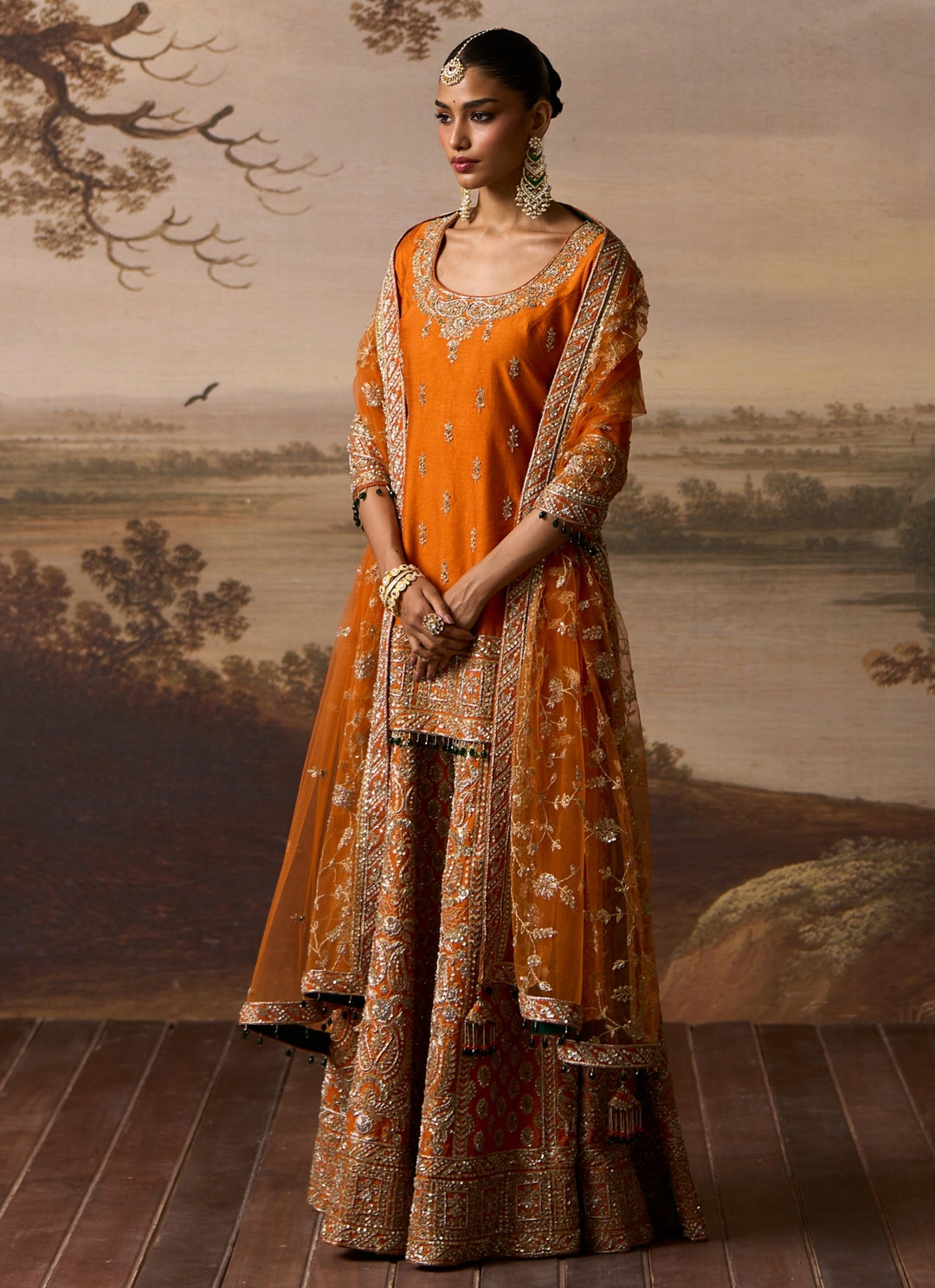 Rust Orange Raw Silk Kurta Sharara Set