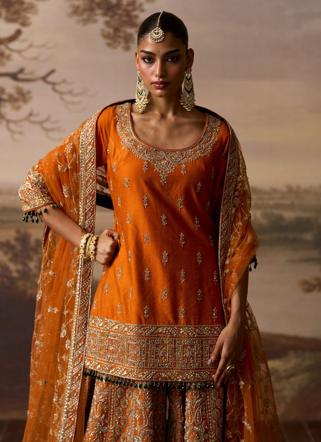 Rust Orange Raw Silk Kurta Sharara Set