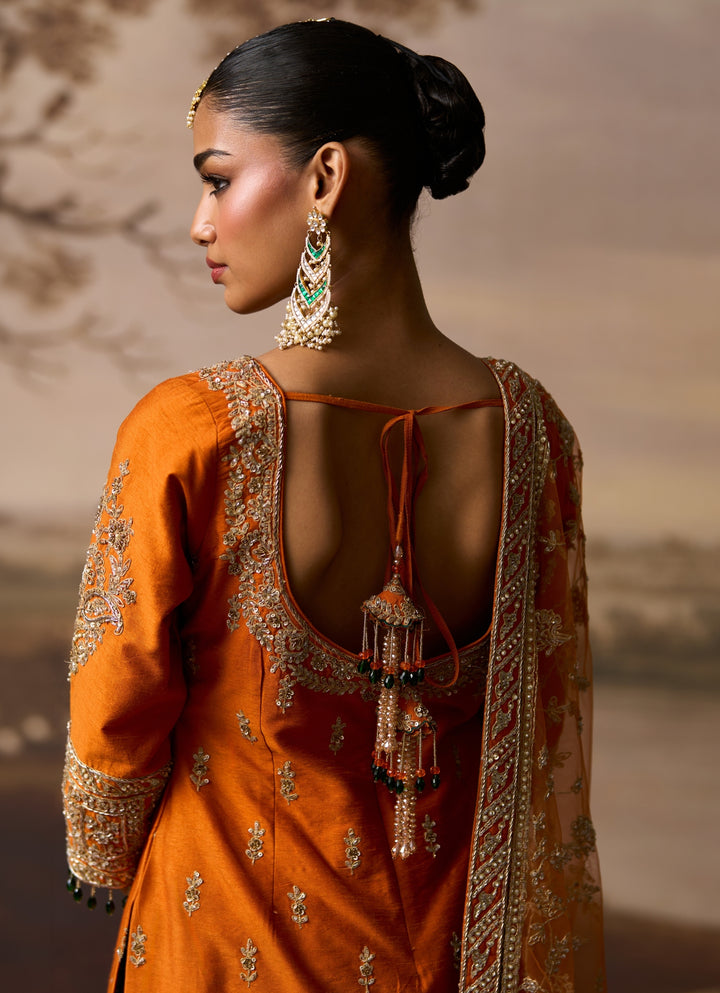 Rust Orange Raw Silk Kurta Sharara Set
