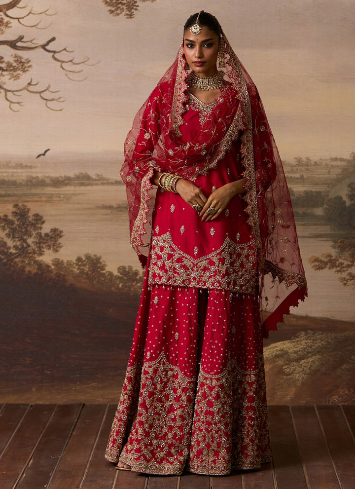 Red Embroidered Raw Silk Kurta Sharara Set