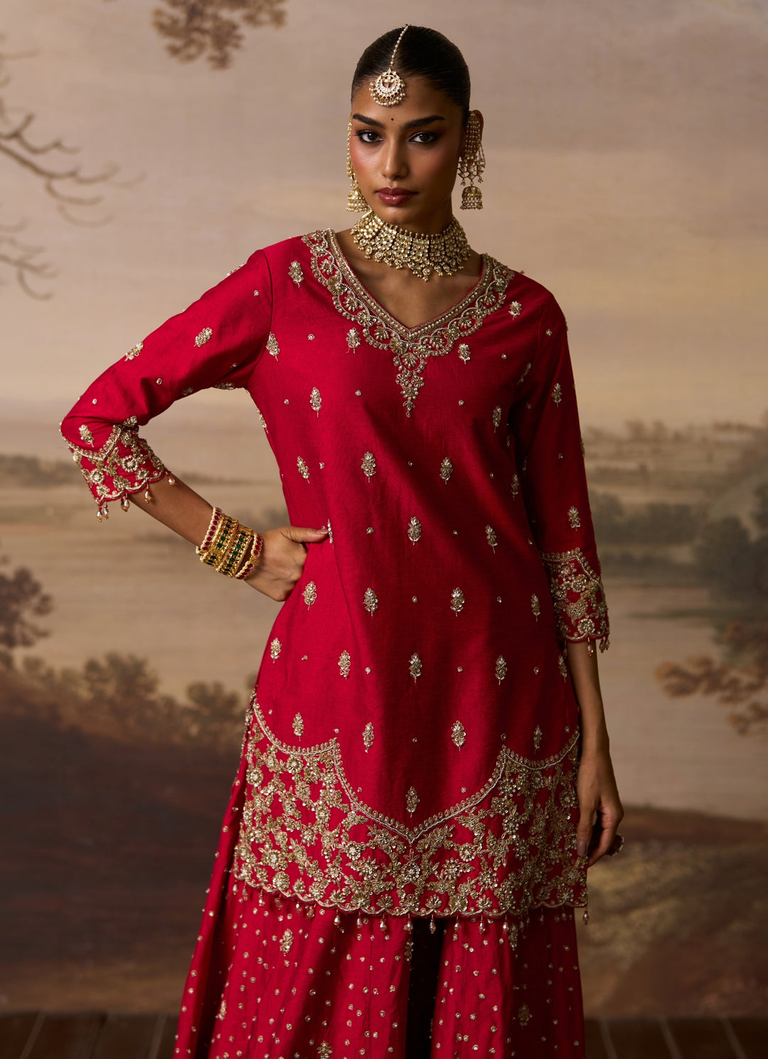 Red Embroidered Raw Silk Kurta Sharara Set