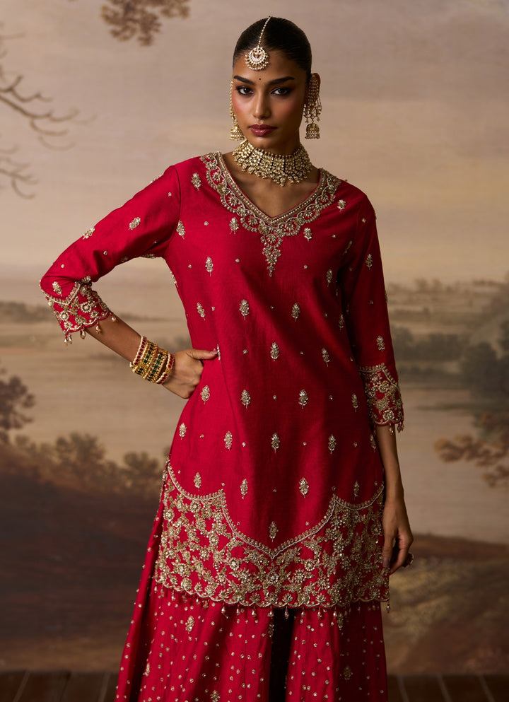 Red Embroidered Raw Silk Kurta Sharara Set