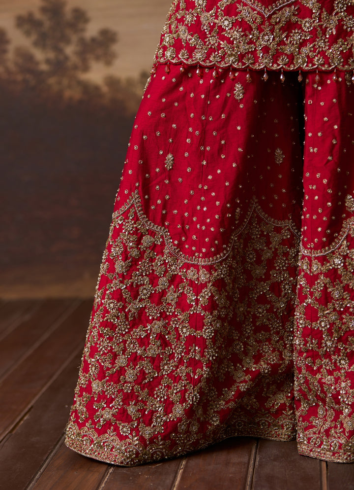 Red Embroidered Raw Silk Kurta Sharara Set