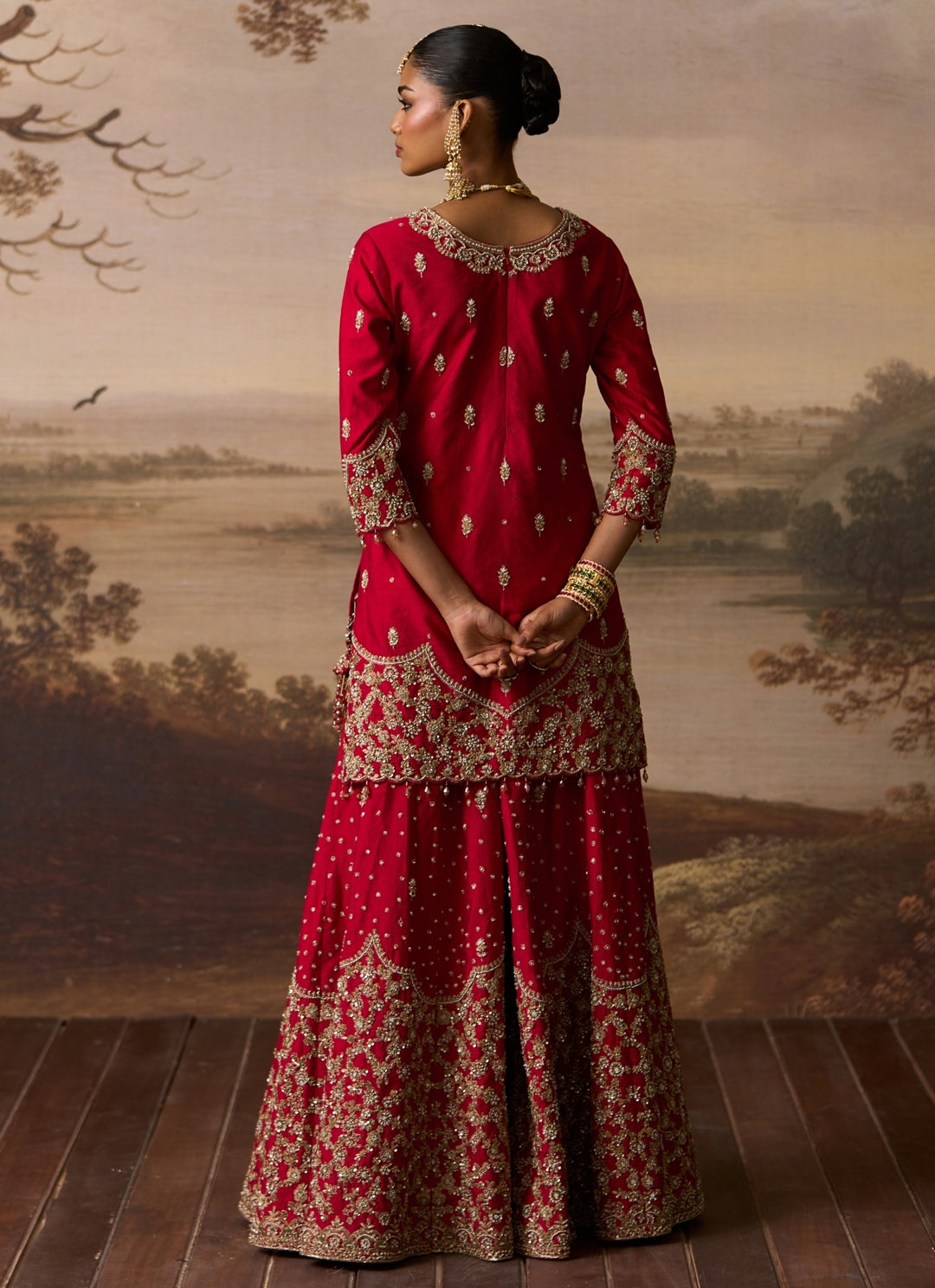 Red Embroidered Raw Silk Kurta Sharara Set