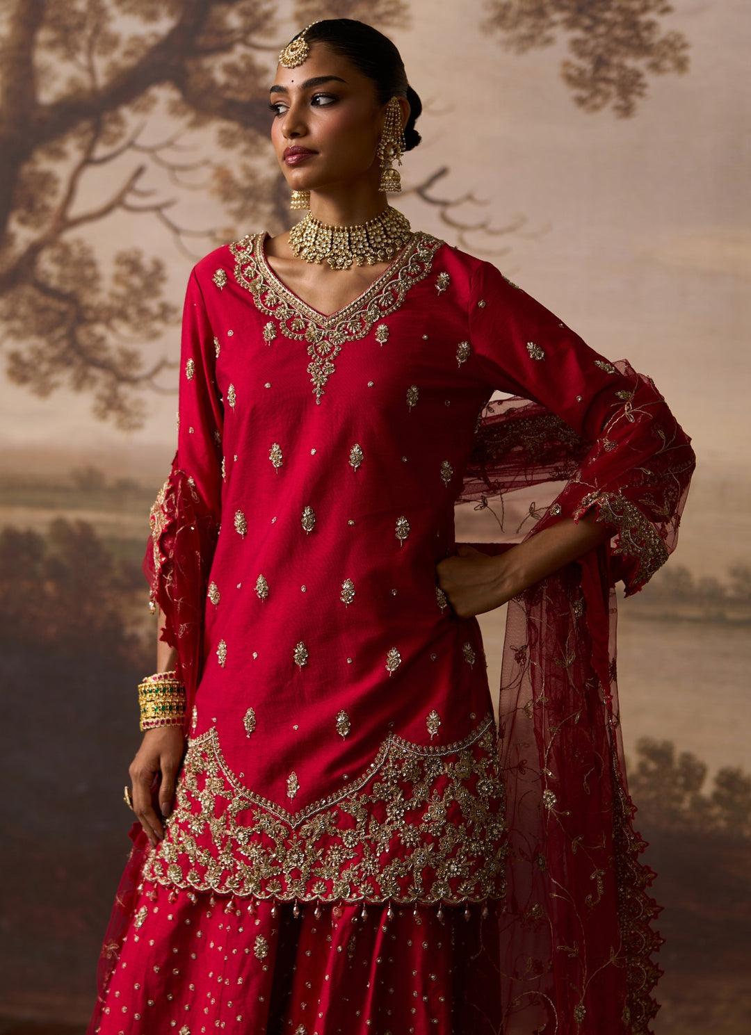 Red Embroidered Raw Silk Kurta Sharara Set