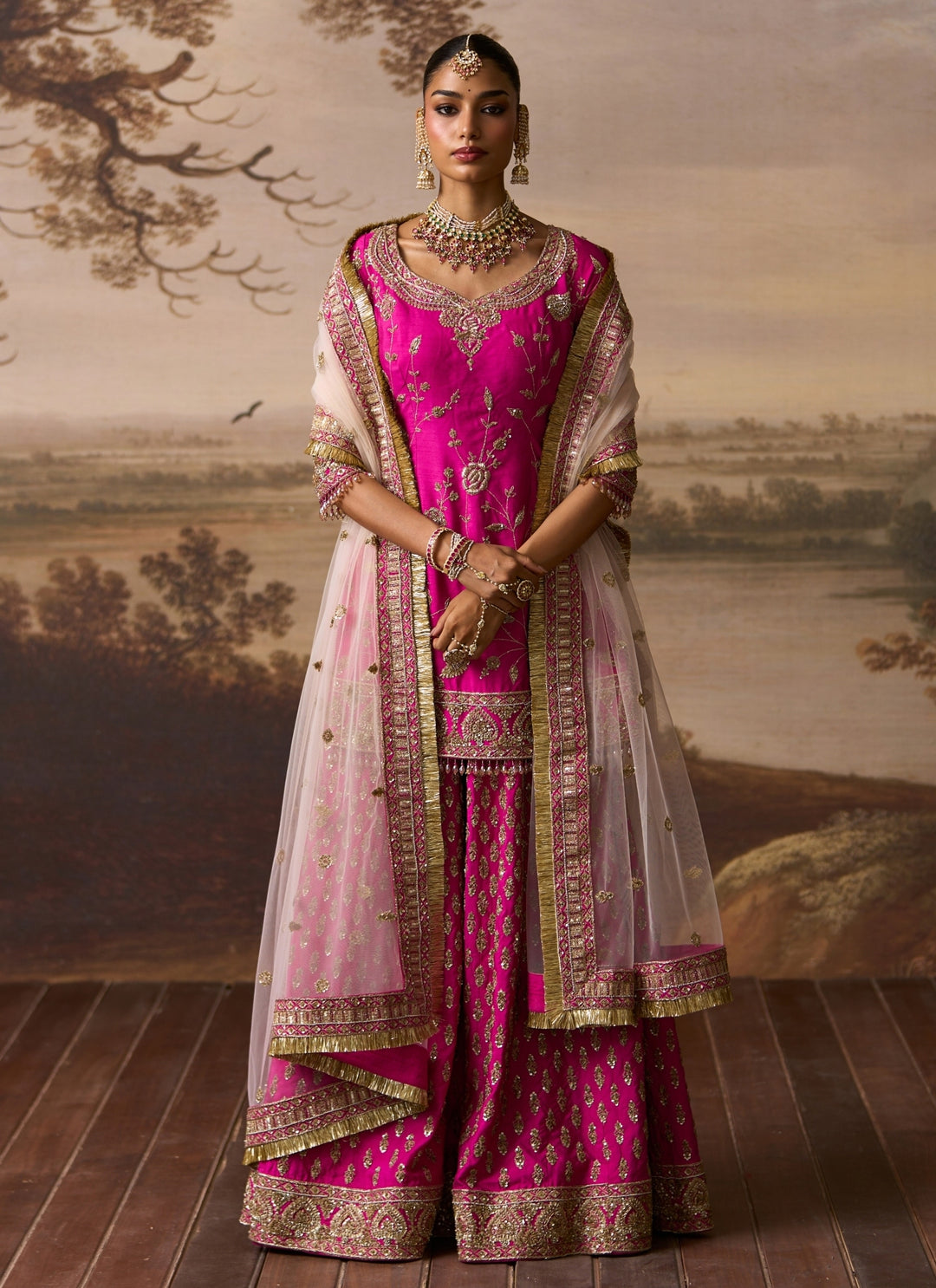 Hot Pink Raw Silk Kurta Sharara Set