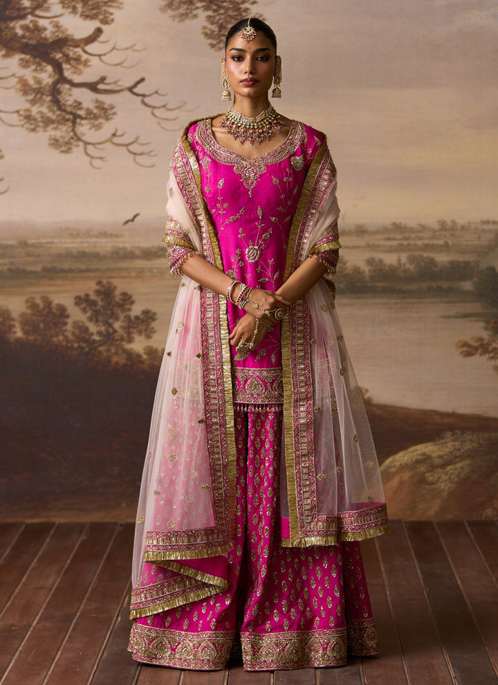Hot Pink Raw Silk Kurta Sharara Set