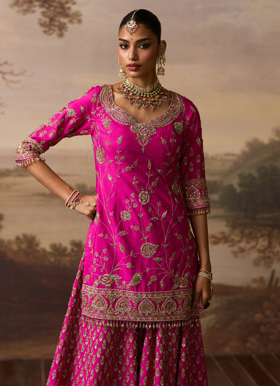 Hot Pink Raw Silk Kurta Sharara Set