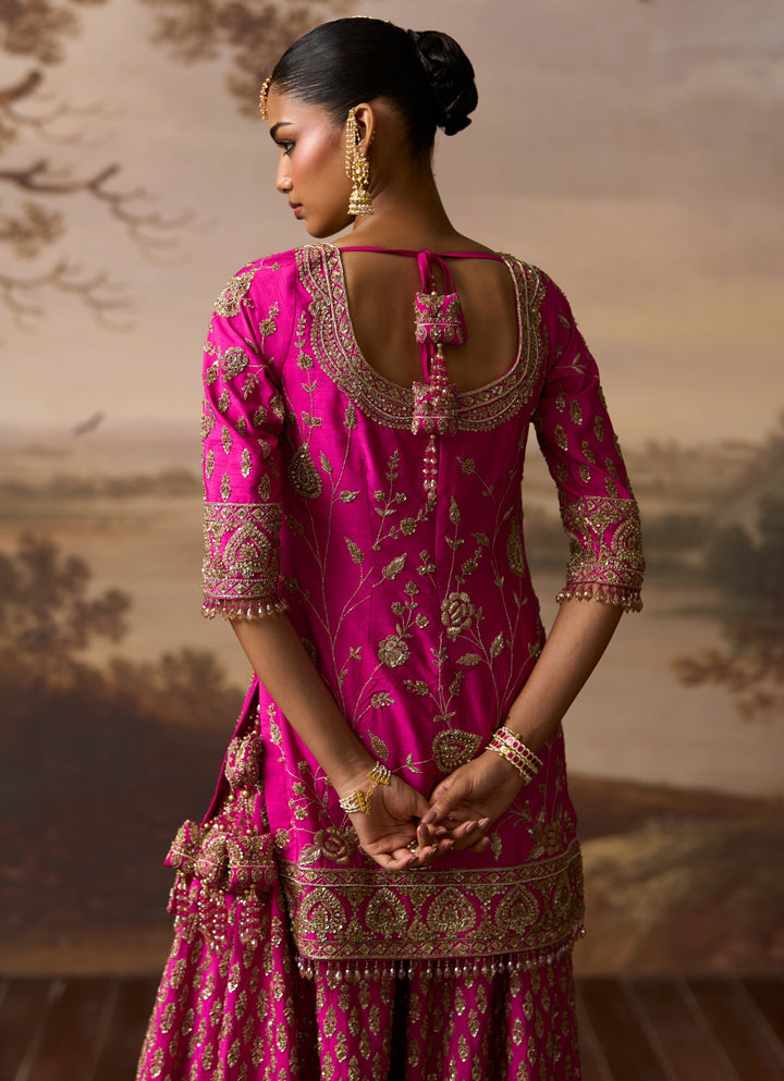 Hot Pink Raw Silk Kurta Sharara Set