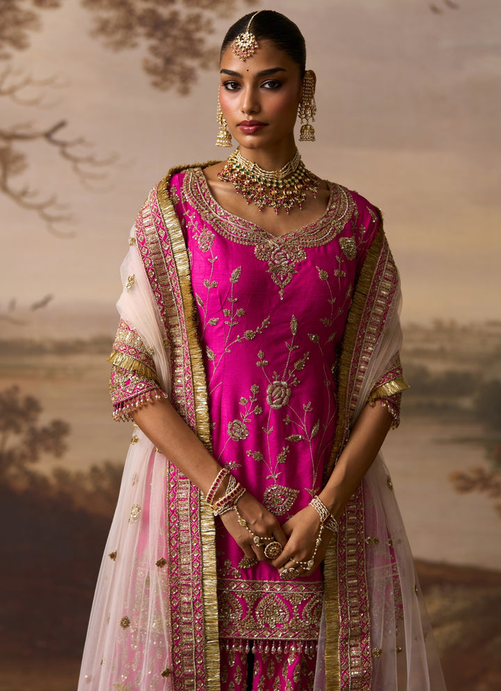Hot Pink Raw Silk Kurta Sharara Set