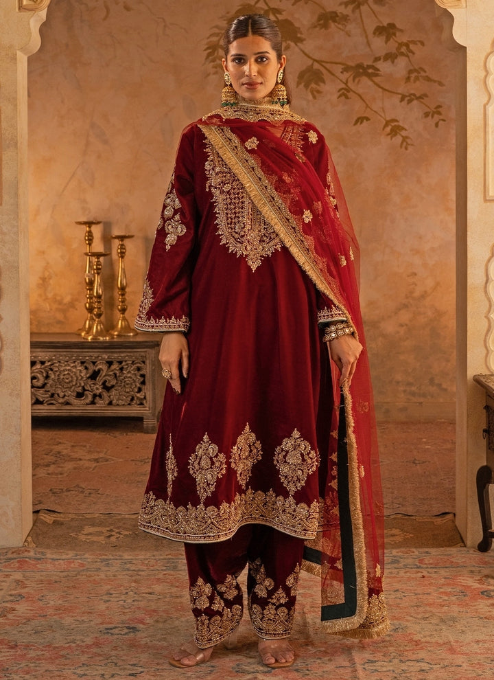 Maroon Red Velvet Kurta Pants Set