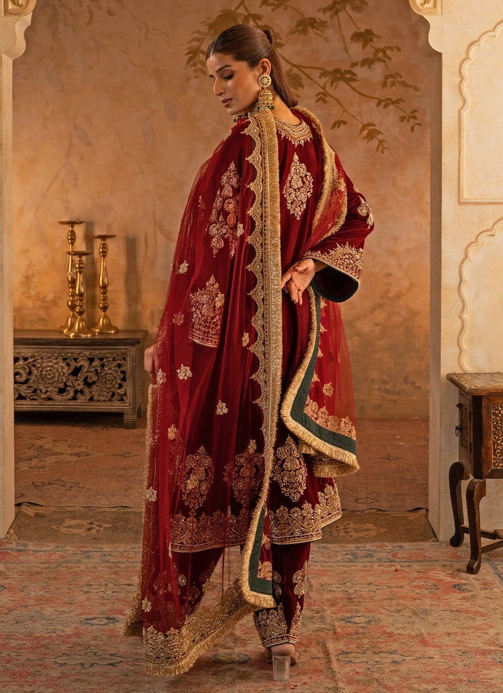 Maroon Red Velvet Kurta Pants Set