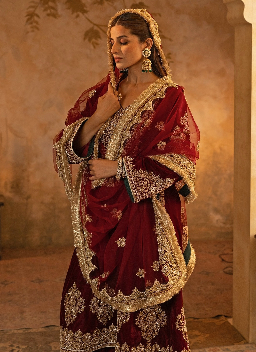 Maroon Red Velvet Kurta Pants Set