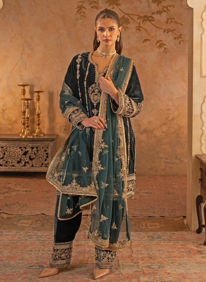 Teal Green Velvet Kurta Pants Set