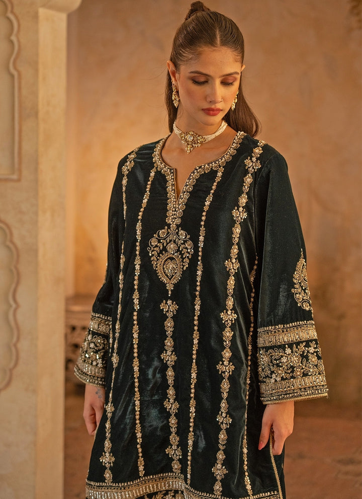 Teal Green Velvet Kurta Pants Set