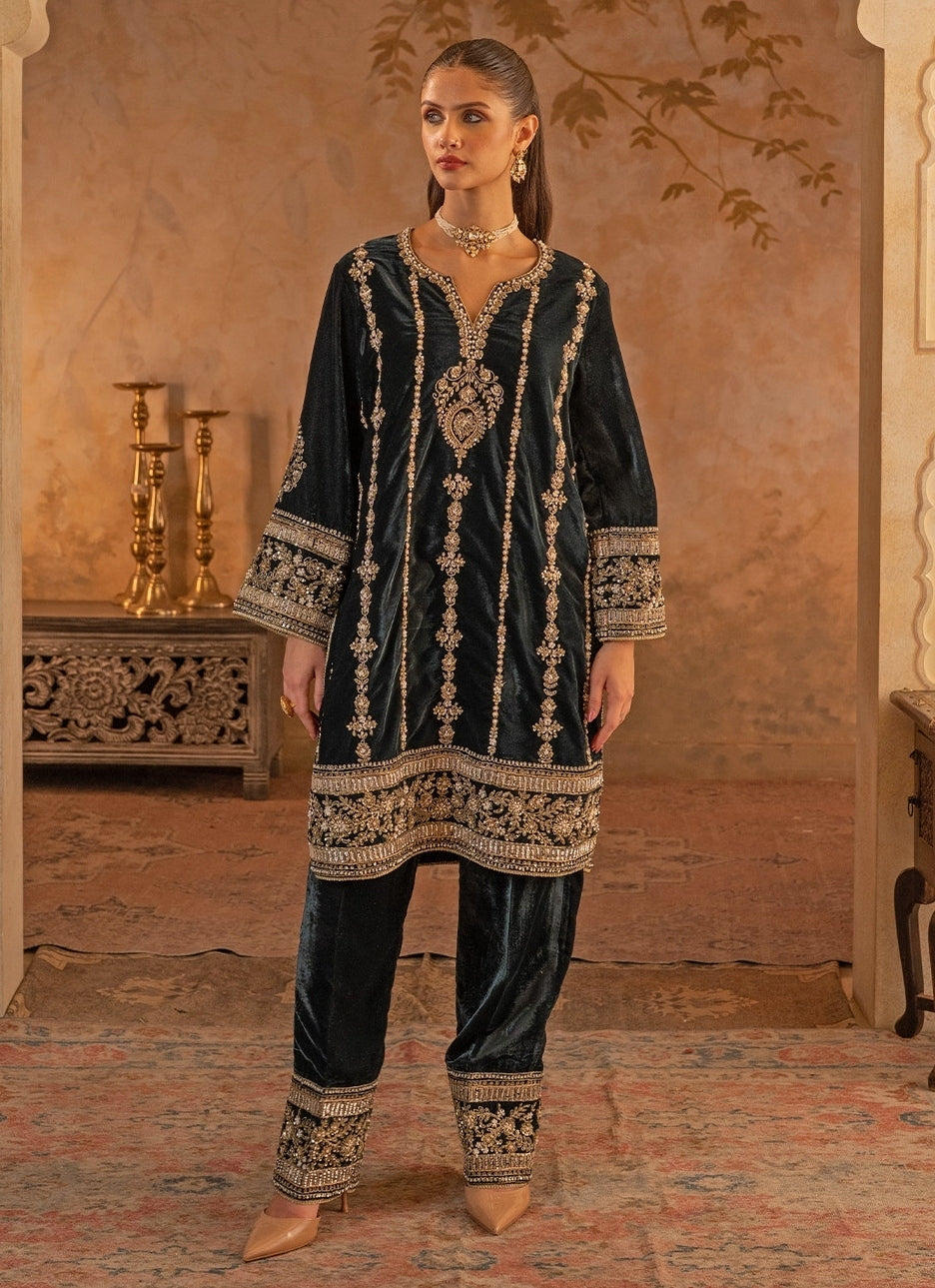 Teal Green Velvet Kurta Pants Set