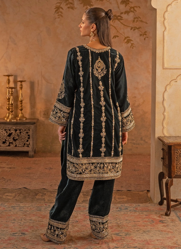 Teal Green Velvet Kurta Pants Set