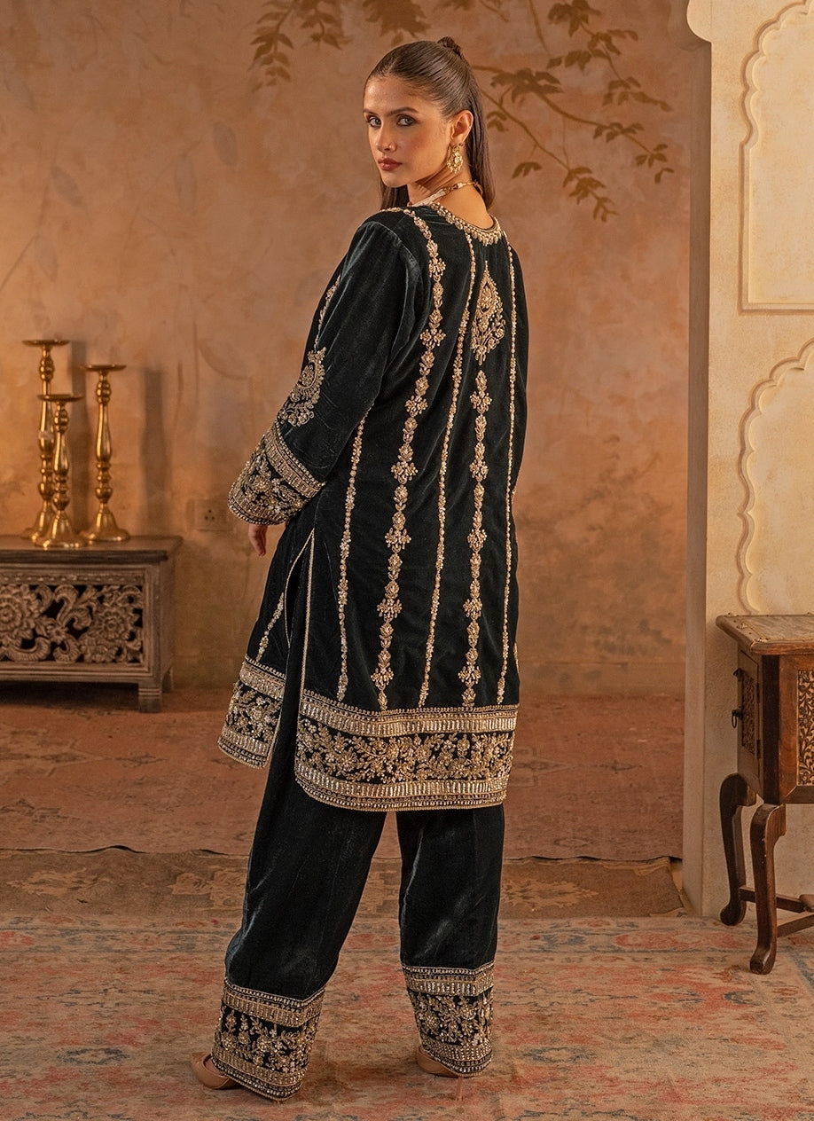 Teal Green Velvet Kurta Pants Set