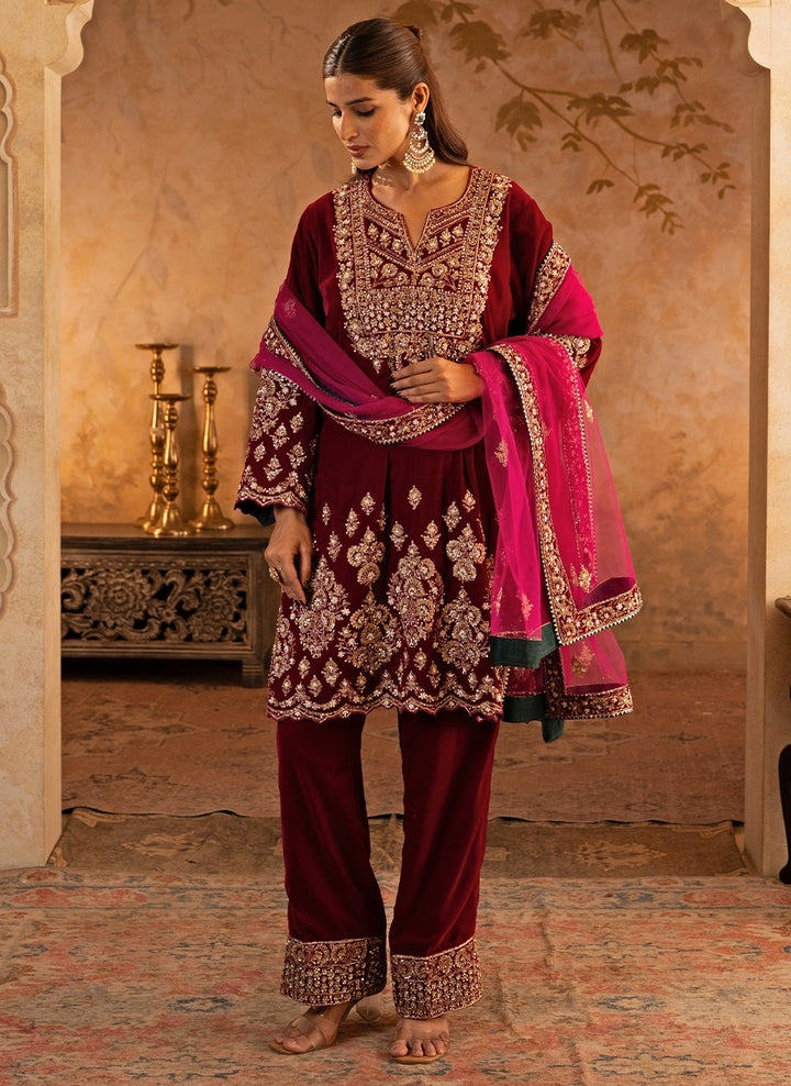 Hot Pink Velvet Kurta Pants Set