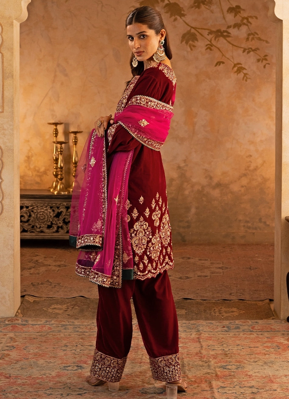 Hot Pink Velvet Kurta Pants Set