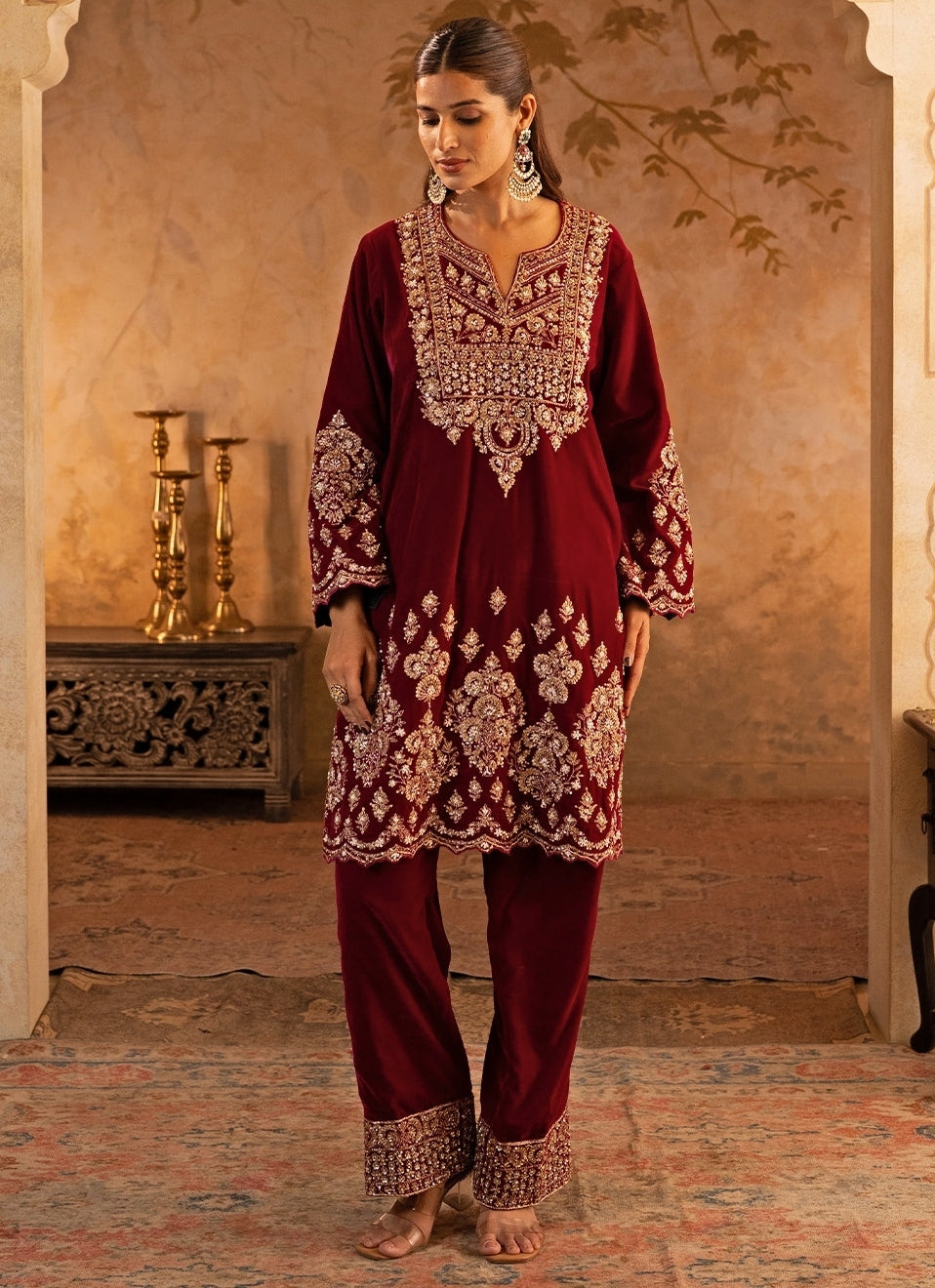 Hot Pink Velvet Kurta Pants Set