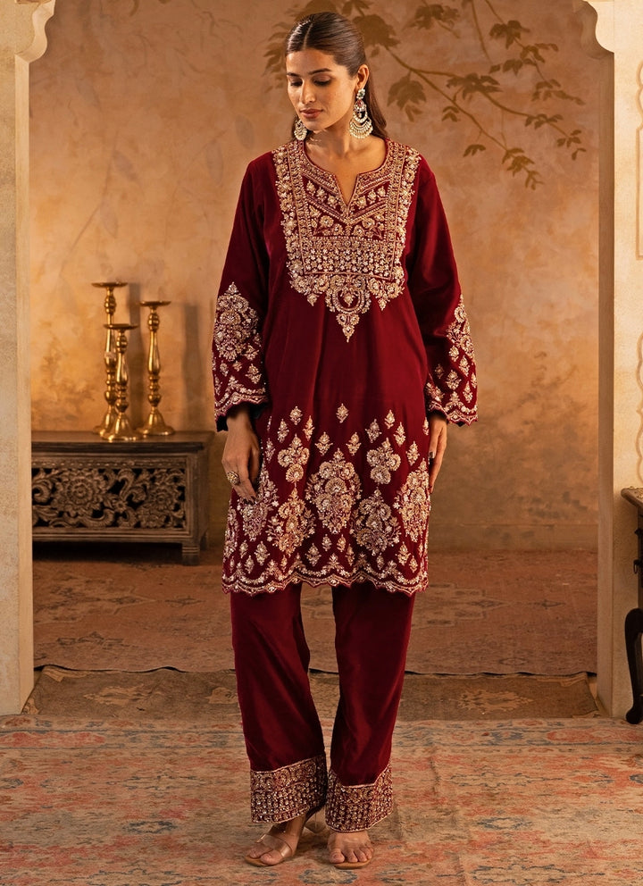 Hot Pink Velvet Kurta Pants Set