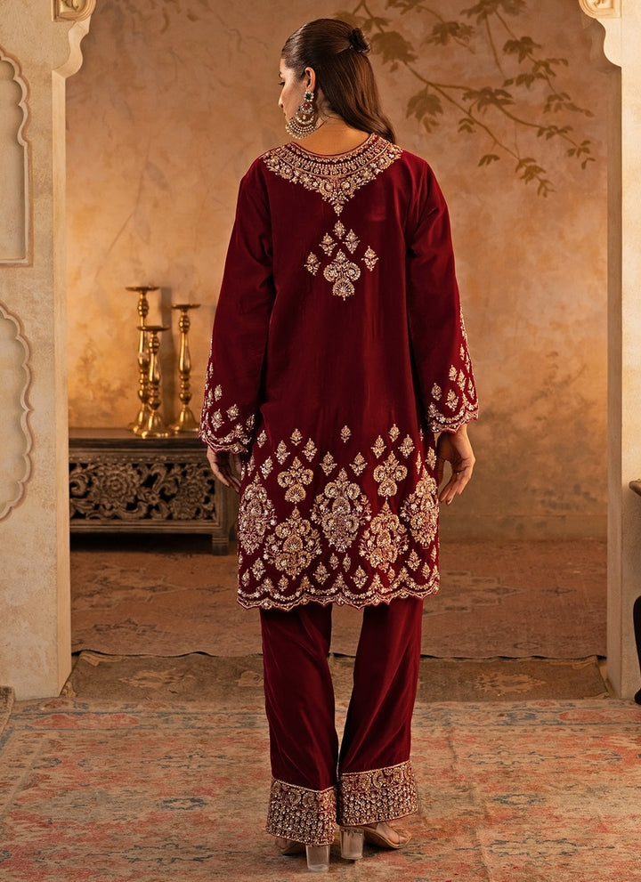 Hot Pink Velvet Kurta Pants Set