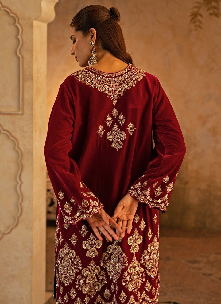 Hot Pink Velvet Kurta Pants Set