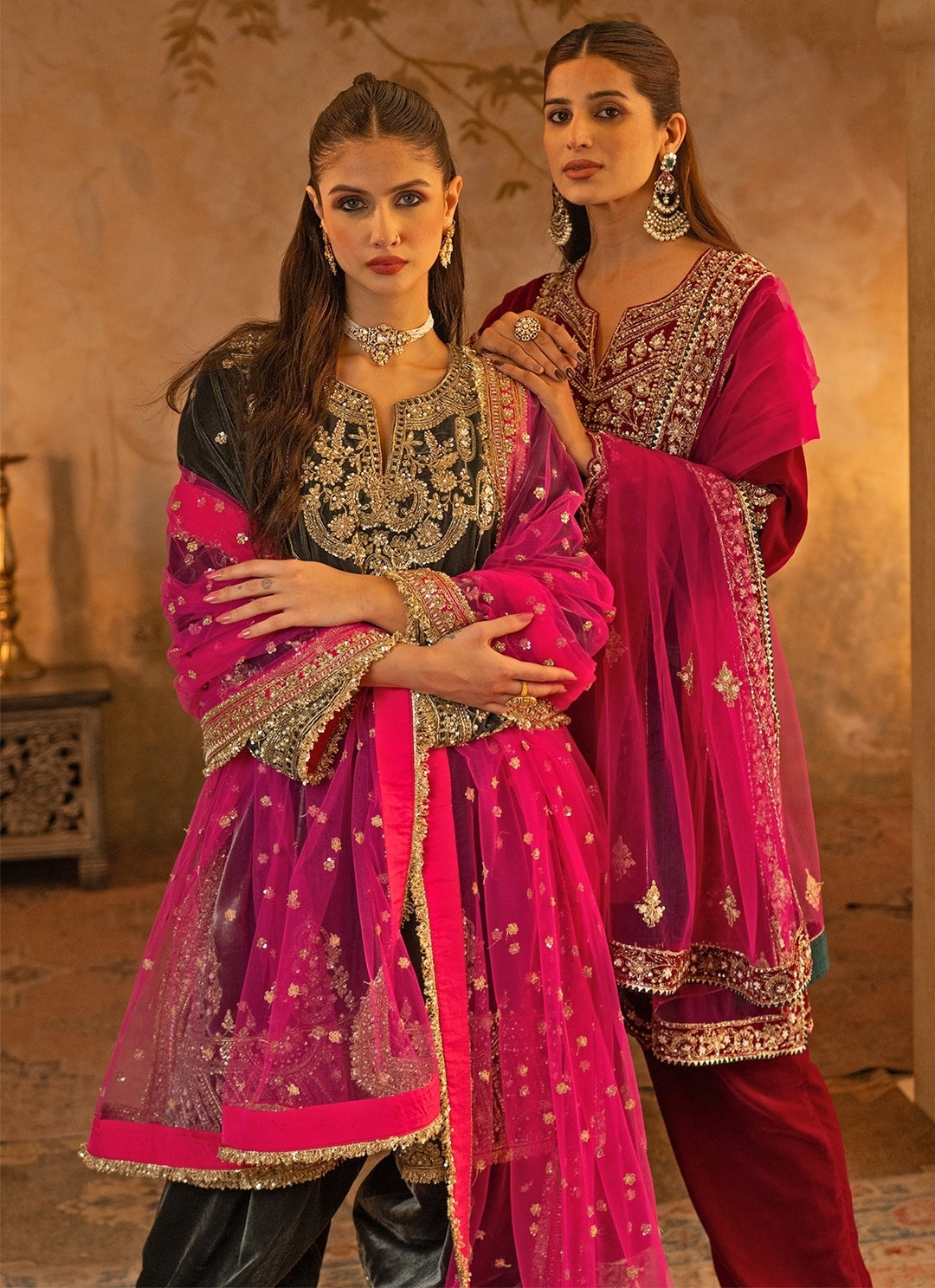 Hot Pink Velvet Kurta Pants Set