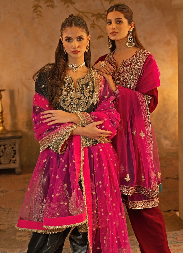 Hot Pink Velvet Kurta Pants Set