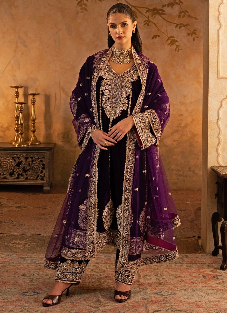 Purple Velvet Kurta Pants Set