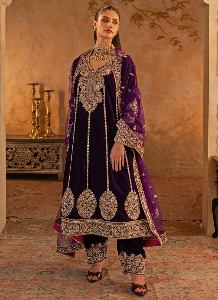 Purple Velvet Kurta Pants Set
