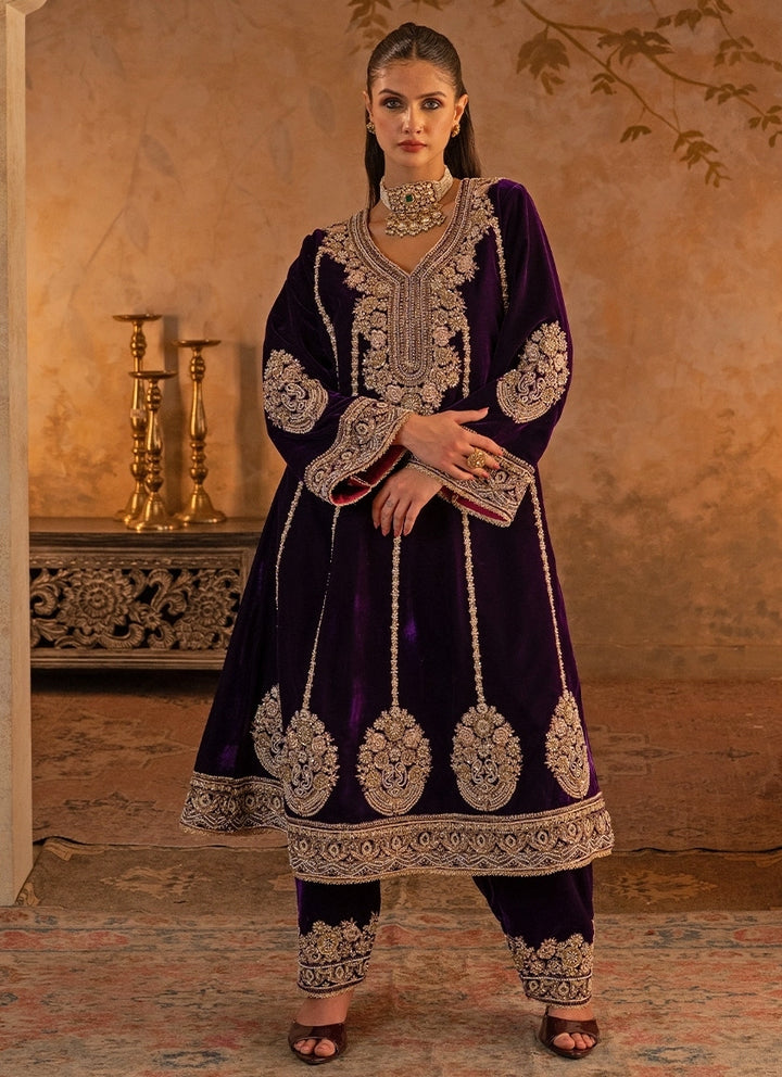 Purple Velvet Kurta Pants Set