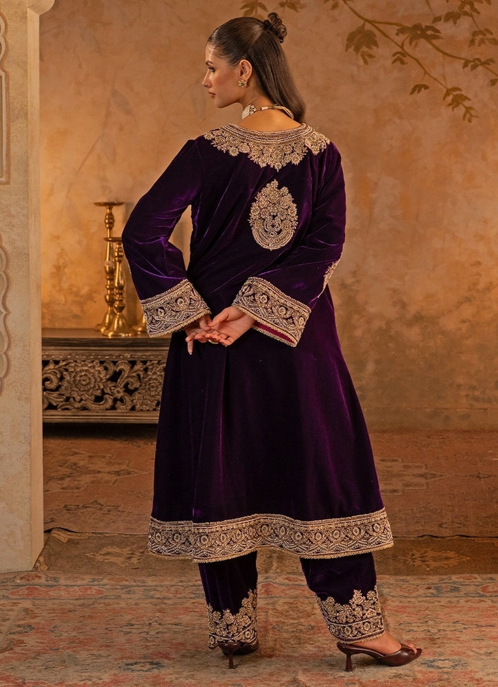 Purple Velvet Kurta Pants Set