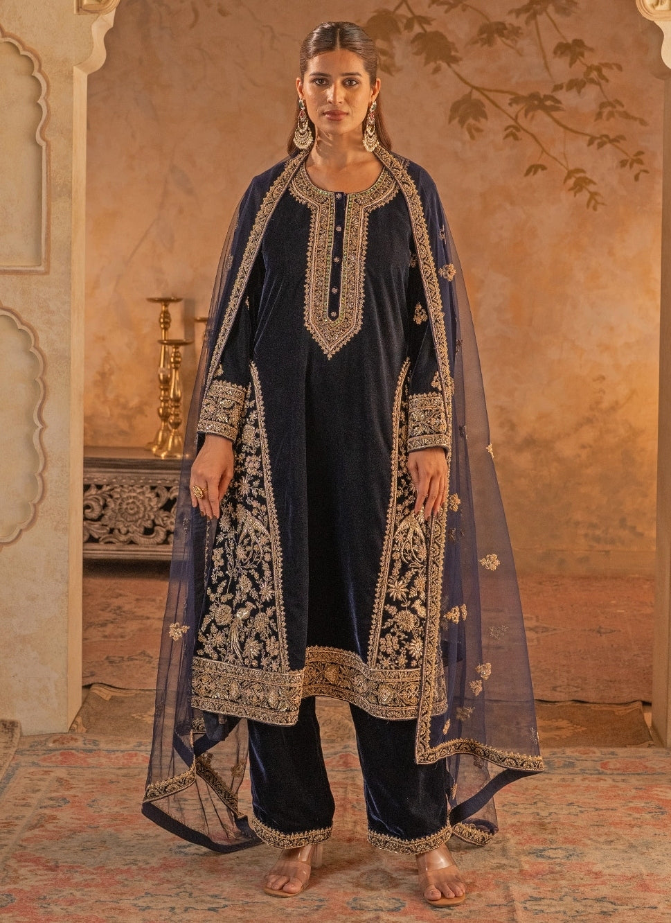 Navy Blue Velvet Kurta Pants Set
