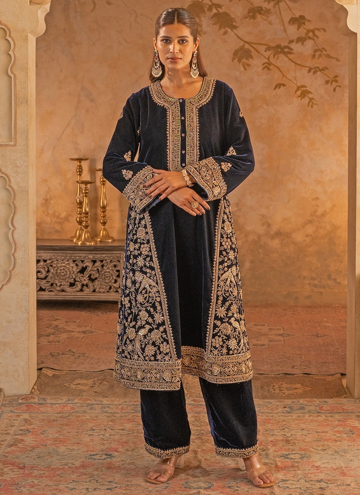 Navy Blue Velvet Kurta Pants Set