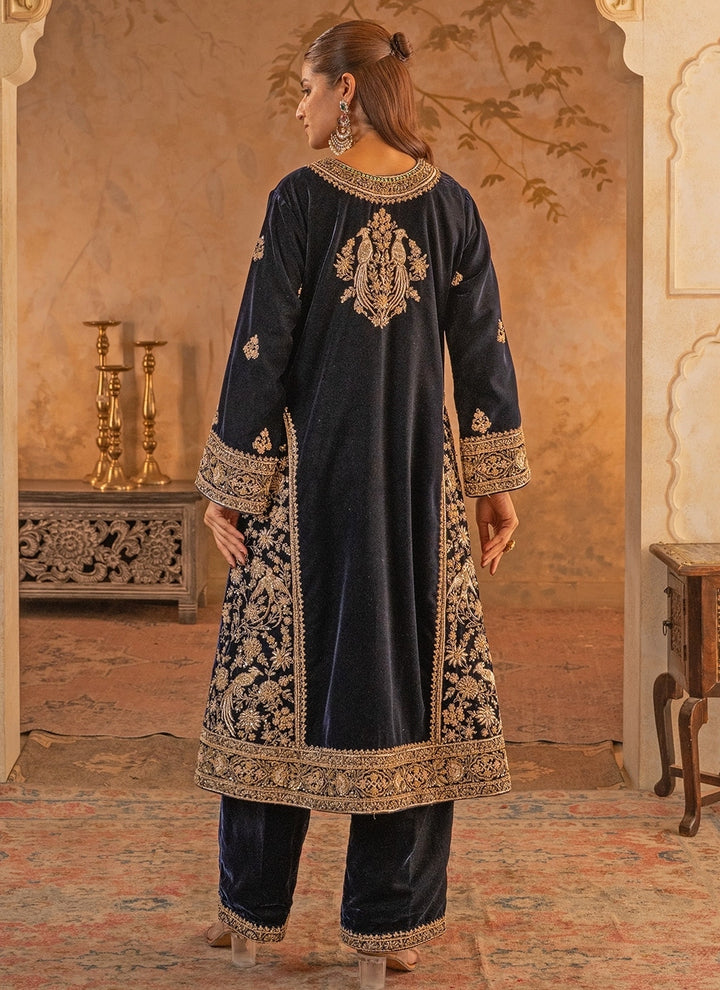Navy Blue Velvet Kurta Pants Set