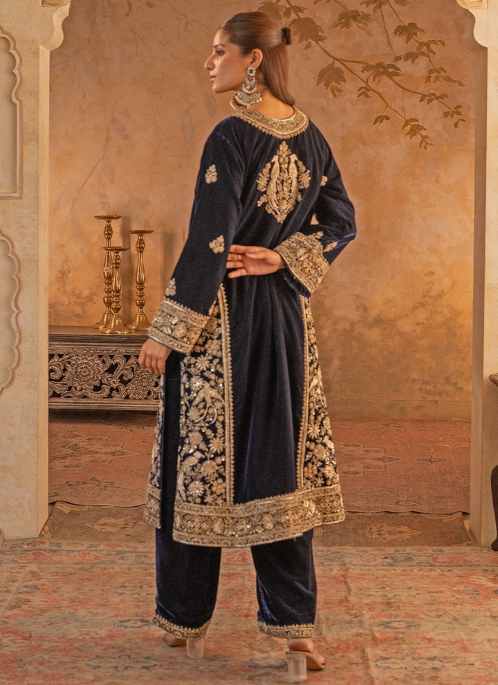 Navy Blue Velvet Kurta Pants Set