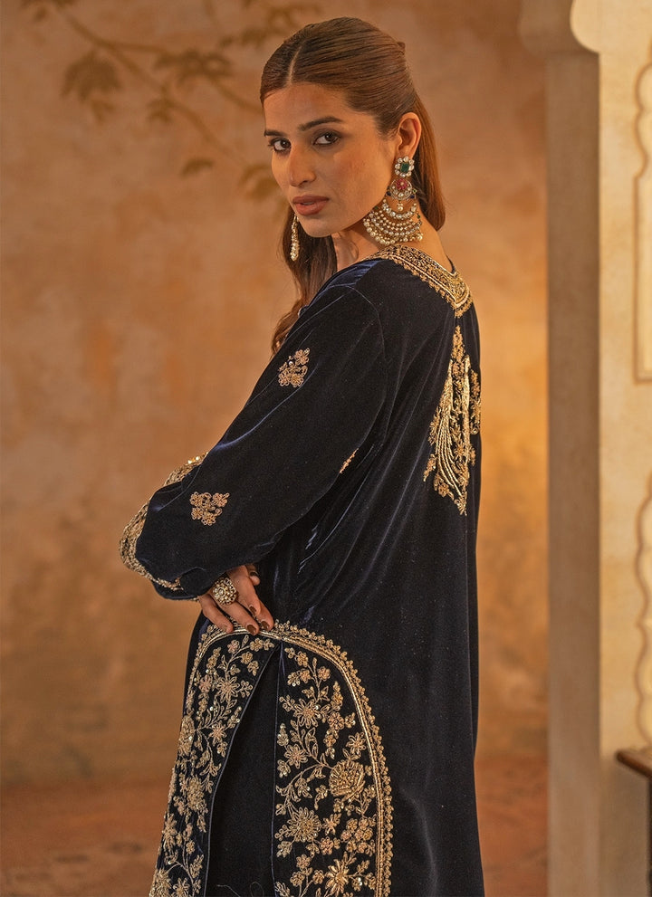 Navy Blue Velvet Kurta Pants Set